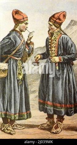 1890's illustration of  a Swedish  man and woman in their national dress Stock Photo