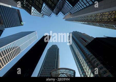 Looking up at skyscrapers on Bay Street, Downtown Toronto, Toronto, Ontario, Canada, North America Stock Photo