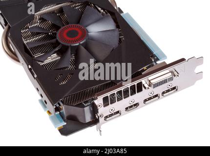 Video card with HDMI, Displayport and DVI connectors isolated on a white background. Stock Photo