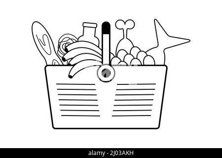 Full basket of food icon. Grocery shopping. Outline vector illustration Stock Vector