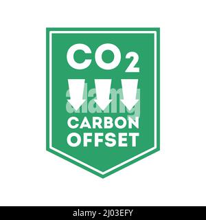 Carbon offset label or sign. Greenhouse gases reduction. CO2 offset warning. Carbon dioxide with down arrows on green background. Stop pollution. Stock Vector
