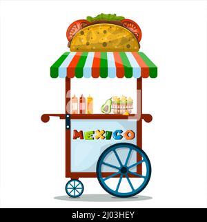 Vector street cart with Mexican food. Flat cartoon illustration of cart selling taco, nachos at fairs, street, Park, festival. Outdoors stall with Stock Vector