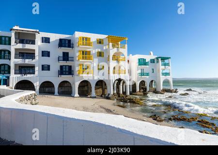 Club Mykonos holiday accommodation build on the rocks to resemble greek architecture in Mykonos Greece. It is build on the Langebaan Lagoon in South A Stock Photo