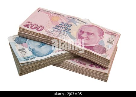 Turkish Lira ( Turkish Turk Parasi ). Turkish banknotes, 100,200 Turkish Lira front side, Have clipping path mask. Stock Photo