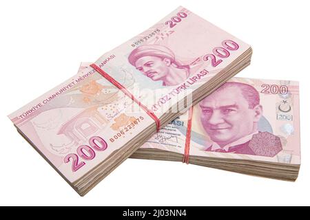 Turkish Lira ( Turkish Turk Parasi ). Turkish banknotes, 200 Turkish Lira front side, Have clipping path mask. Stock Photo
