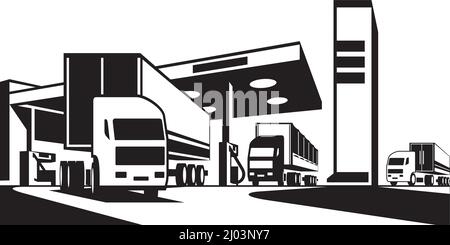 Tractor trucks with trailers at gas station – vector illustration Stock Vector