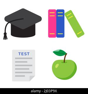 Set of school and educational elements. Graduation hat, books, test list and green apple. Back to school concept. Prints for web, flyer, stickers Stock Vector