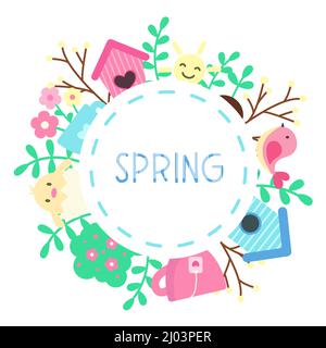 Frame with spring flowers and elements, spring inscription. Floral round frame with different stickers and prints. Print for greeting cards Stock Vector