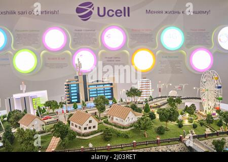 A UCell providor 3D map, model, diorama of typical communication equipment services. At the Museum of Communication in Tashkent, Uzbekistan. Stock Photo