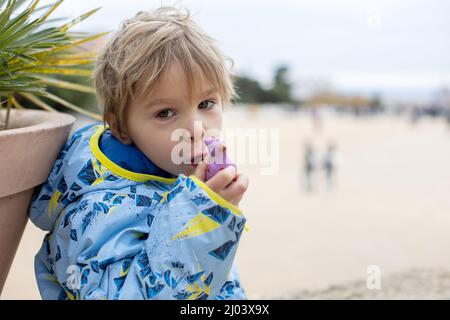 Child, cute boy, playing with ceramic clay whistle in the form of bird, souvenir from park Guell in Barcelona, Spain Stock Photo