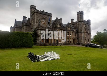 Chessboard in front of the Inverlochy Castle Hotel, Fort Williams, Scotland Stock Photo