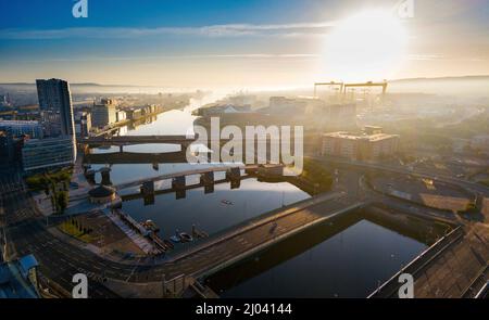 Aerial view of Belfast at Dawn, Northern Ireland Stock Photo