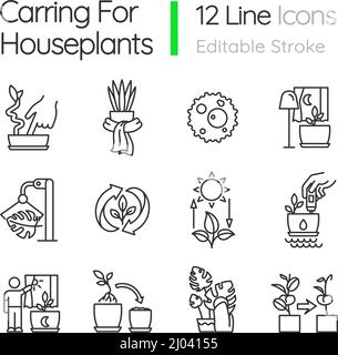 Caring for houseplants linear icons set Stock Vector