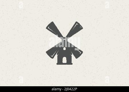 Black silhouette of vintage windmill in countryside designed for grain farming industry hand drawn stamp effect vector illustration. Grunge texture ol Stock Vector