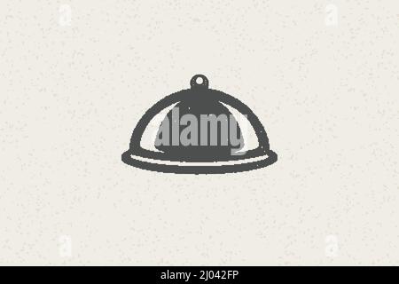 Dish plate with cloche silhouette hand drawn stamp effect vector illustration. Vintage grunge texture emblem for package and menu design or label deco Stock Vector