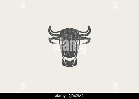 Black cow head silhouette with horns designed for meat industry hand drawn stamp effect vector illustration. Vintage grunge texture emblem for butcher Stock Vector