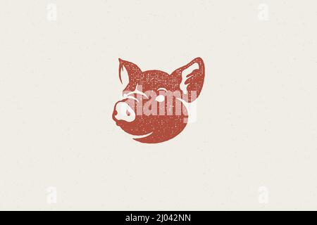 Pig head silhouette for meat industry hand drawn stamp effect vector illustration. Vintage grunge texture emblem for butchery packaging and menu desig Stock Vector