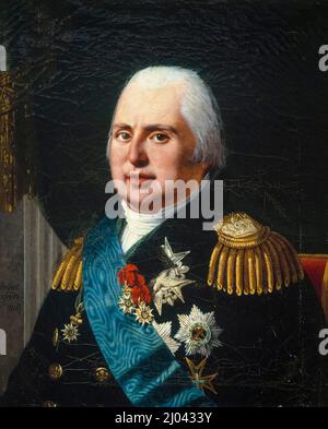 Louis XVIII (1755-1824), King of France (1814-1824), oil on canvas portrait painting by Robert Jacques François Lefèvre, 1814 Stock Photo
