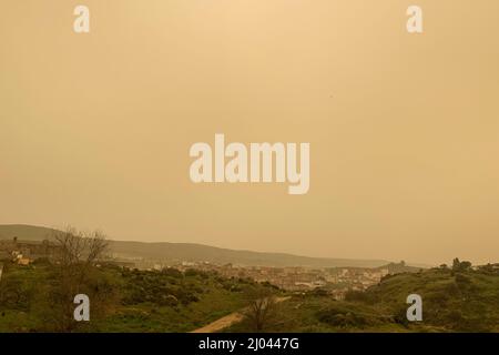 Haze covers the skies of Spain due to the Celia storm and coming from the Sahara desert. Stock Photo