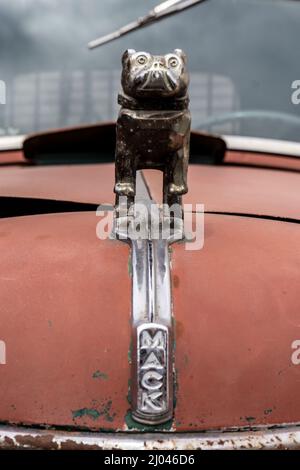 Vintage Mack truck with bulldog hood ornament. Stock Photo