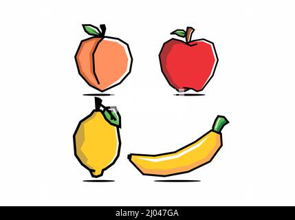 Stiff art style of peach, apple, citrus, and banana fruit design Stock Vector