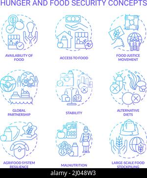 Hunger and food security blue gradient concept icons set Stock Vector