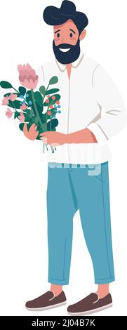 Smiling bearded man with floral arrangement semi flat color vector character Stock Vector