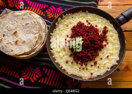 Authentic mexican melted cheese with Chorizo Stock Photo