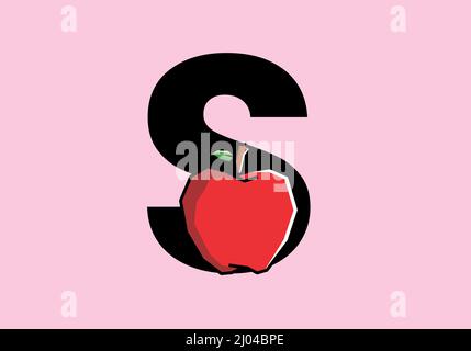 S initial letter with red apple in stiff art style design Stock Vector