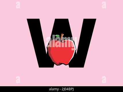 W initial letter with red apple in stiff art style design Stock Vector