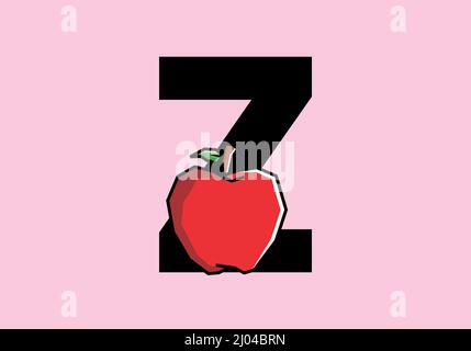 Z initial letter with red apple in stiff art style design Stock Vector