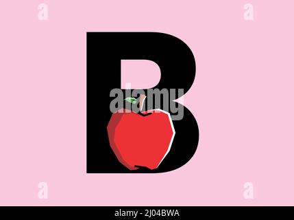 B initial letter with red apple in stiff art style design Stock Vector