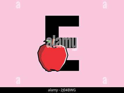 E initial letter with red apple in stiff art style design Stock Vector