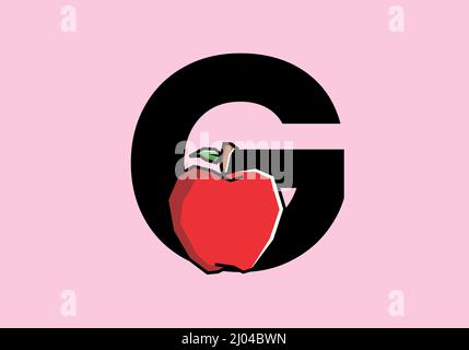 G initial letter with red apple in stiff art style design Stock Vector