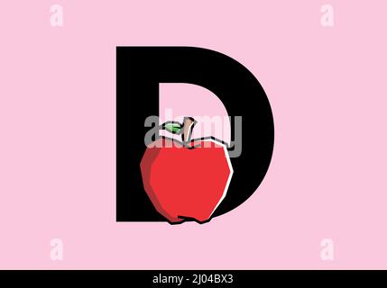 D initial letter with red apple in stiff art style design Stock Vector