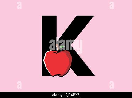 K initial letter with red apple in stiff art style design Stock Vector