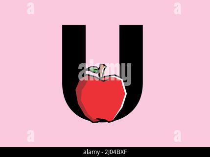 U initial letter with red apple in stiff art style design Stock Vector