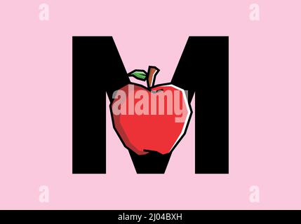 M initial letter with red apple in stiff art style design Stock Vector