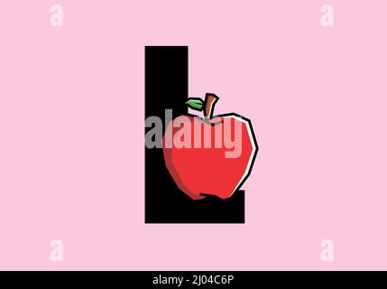 L initial letter with red apple in stiff art style design Stock Vector