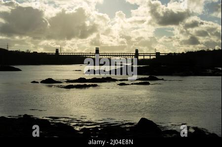 The Britannia Bridge was build across the Menai Straits in 1850. Designed by the famous engineer Robert Stevenson it was re-built after fire damage Stock Photo