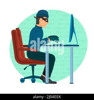 Hacker Operating A Personal Computer Vector Icon Illustration. Hacker And Technology Concept White Isolated. Stock Vector
