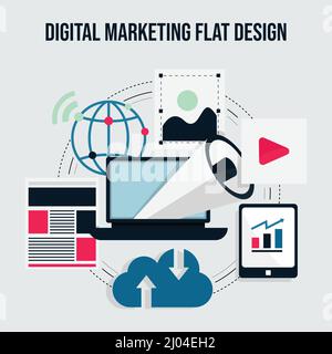 Digital marketing concept flat design vector image. Content marketing, promotion, sharing, strategy, digital marketing, web advertising concept Stock Vector