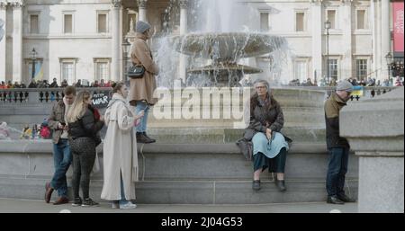 London, UK - 03 06 2022:  Protesters at Trafalgar Square fountain, in support for the people of Ukraine at war. Stock Photo