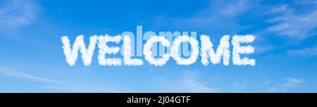 Welcome word made of clouds on blue sky background Stock Photo