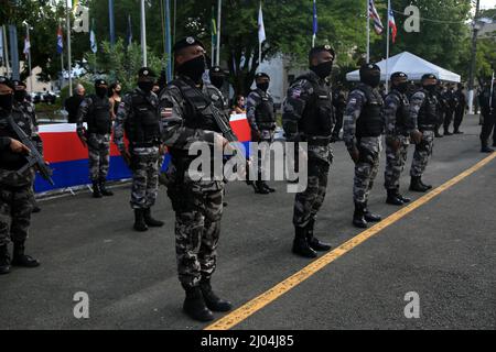 salvador, bahia, brazil - february 17, 2022: Members of the Bahia Military Police's riot battle are seen during a parade at Vila Militar in Salvador. Stock Photo