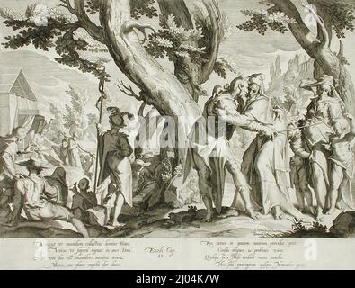 Meeting of Moses and Jethro. Willem van Swanenburg (Holland, Leiden, circa 1581-1612)Joachim Antonisz Wtewael (Netherlands, Utrecht, 1566-1638). Holland, 1607. Prints; engravings. Engraving Stock Photo