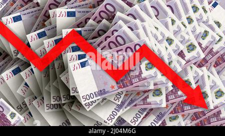 Economy graph: 500 euro banknotes and downward arrow (debt, fall, loss ...