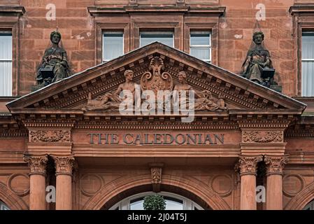 Triangular pediment on Waldorf Astoria Edinburgh - The Caledonian Hotel at the West End of Princes Street, Edinburgh, Scotland, UK. Stock Photo