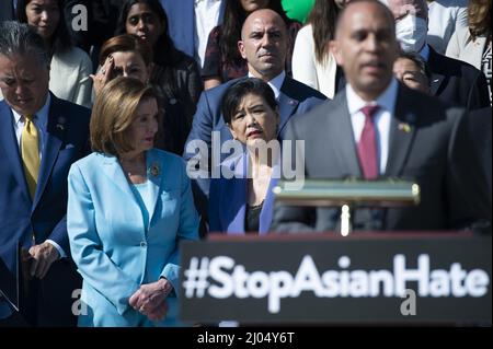 Washington, United States. 16th Mar, 2022. Washington, DC, US, March 16, 2022. Speaker of the House Nancy Pelosi, D-CA, looks at .Rep. Judy Chu, D-CA, during an anti-Asian racism press conference honoring the one year anniversary of the Atlanta, Georgia spa shootings at the U.S. Capitol in Washington, DC on Wednesday, March 16, 2022. The shootings resulted in eight deaths, six of whom were of Asian descent. Photo by Bonnie Cash/UPI Credit: UPI/Alamy Live News Stock Photo