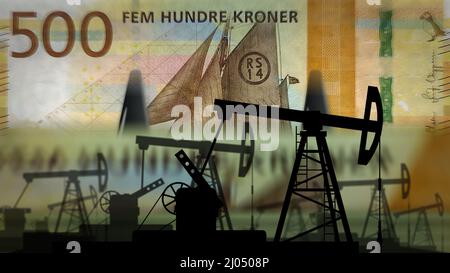 Norway Krone money counting machine with oil pump. Petroleum rig and fuel business with banknotes count. Economy abstract concept background illustrat Stock Photo